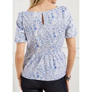 Talbots Plus Peplum Top Womens 18W Blue Paisley Cotton V-Neck Short Sleeve Zip